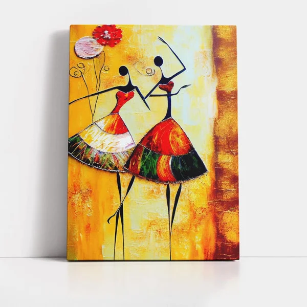 Tablou Abstract Premium Pasiune Solară – Artă Canvas Modernă cu Siluete de Dansatoare și Rochii Multicolore pentru Living sau Hol