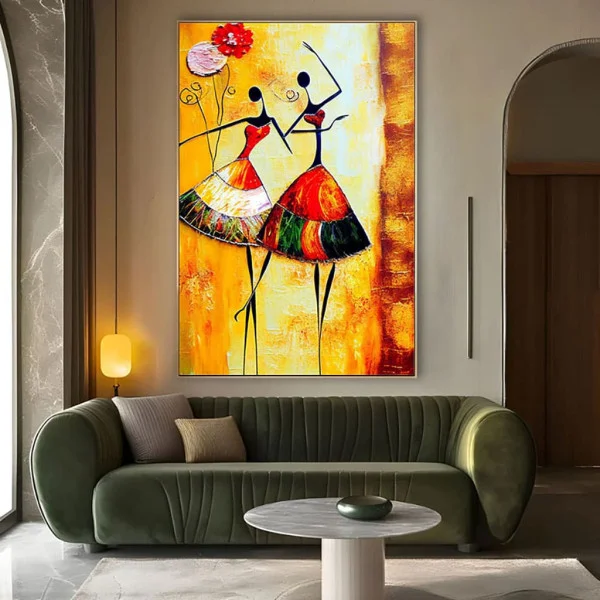 Tablou Abstract Premium Pasiune Solară – Artă Canvas Modernă cu Siluete de Dansatoare și Rochii Multicolore pentru Living sau Hol