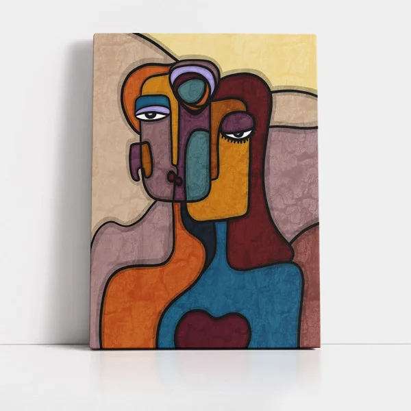 Tablou canvas abstract - Simbioza Inimii, portret cubist modern cu două chipuri stilizate pentru livinguri elegante sau decoruri luxury