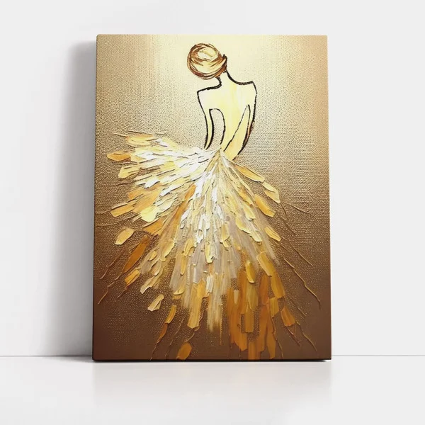 Tablou Abstract Premium Rădăcini de Eleganță – Artă Canvas Modernă cu Balerină în Rochie Texturată Aurie pentru Living de Lux