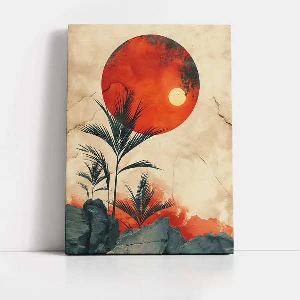Tablou Abstract Premium Punctul Zero – Artă Canvas Modernă cu Soare Roșu și Stânci în Stil Japonez