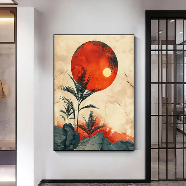 Tablou Abstract Premium Punctul Zero – Artă Canvas Modernă cu Soare Roșu și Stânci în Stil Japonez