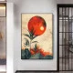 Tablou Abstract Premium Punctul Zero – Artă Canvas Modernă cu Soare Roșu și Stânci în Stil Japonez