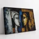 Tablou canvas abstract - Soarele și Luna, compoziție cu două chipuri stilizate în nuanțe de auriu și albastru pentru interioare luxury