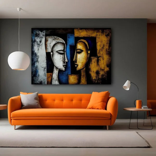 Tablou canvas abstract - Soarele și Luna, compoziție cu două chipuri stilizate în nuanțe de auriu și albastru pentru interioare luxury