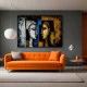 Tablou canvas abstract - Soarele și Luna, compoziție cu două chipuri stilizate în nuanțe de auriu și albastru pentru interioare luxury