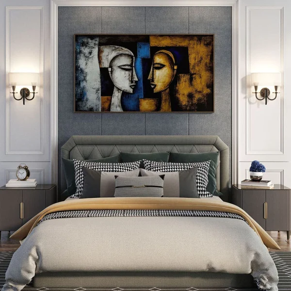Tablou canvas abstract - Soarele și Luna, compoziție cu două chipuri stilizate în nuanțe de auriu și albastru pentru interioare luxury
