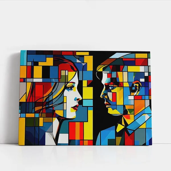 Tablou Abstract Suflete în Rezonanță – Portret Mozaic cu un Cuplu Stilizat pentru Living sau Dormitor