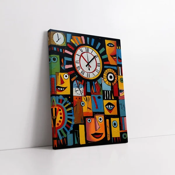 Tablou canvas abstract - Scurgerea Timpului, compoziție cubistă multicoloră cu ceasuri stilizate ideală pentru decoruri avangardiste sau birouri creative