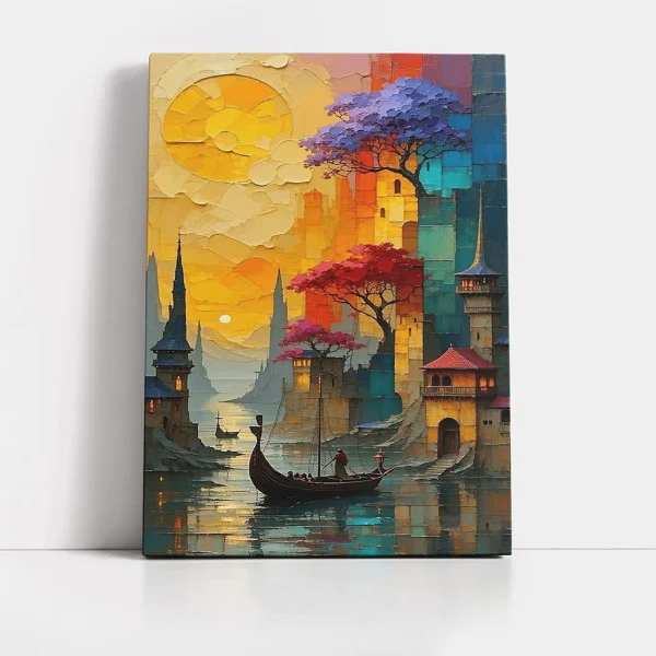 Tablou Abstract Premium Orașul Între Ziduri – Artă Canvas Modernă cu Peisaj Urban Medieval și Bărci pentru Living sau Hol