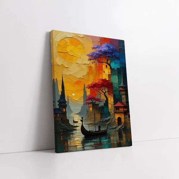 Tablou Abstract Premium Orașul Între Ziduri – Artă Canvas Modernă cu Peisaj Urban Medieval și Bărci pentru Living sau Hol
