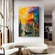 Tablou Abstract Premium Orașul Între Ziduri – Artă Canvas Modernă cu Peisaj Urban Medieval și Bărci pentru Living sau Hol