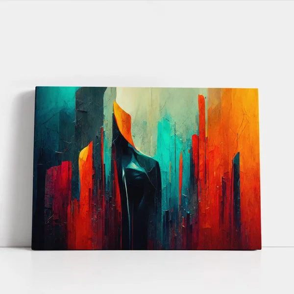 Tablou Abstract Premium Nopți Albastre – Artă Canvas Modernă cu Geometrie Texturată în Nuanțe de Turcoaz și Portocaliu pentru Birou sau Living