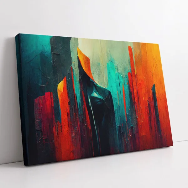 Tablou Abstract Premium Nopți Albastre – Artă Canvas Modernă cu Geometrie Texturată în Nuanțe de Turcoaz și Portocaliu pentru Birou sau Living
