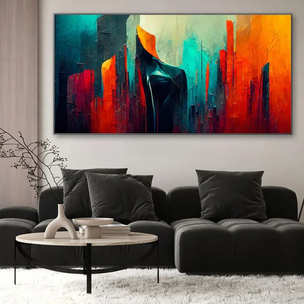 Tablou Abstract Premium Nopți Albastre – Artă Canvas Modernă cu Geometrie Texturată în Nuanțe de Turcoaz și Portocaliu pentru Birou sau Living