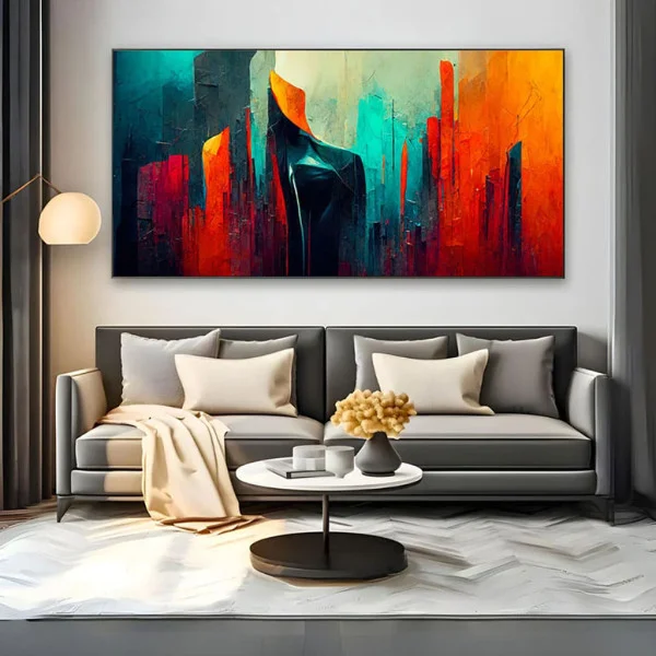 Tablou Abstract Premium Nopți Albastre – Artă Canvas Modernă cu Geometrie Texturată în Nuanțe de Turcoaz și Portocaliu pentru Birou sau Living