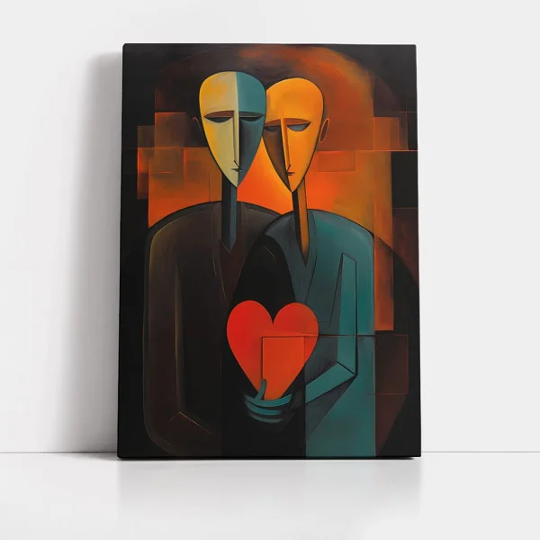 Tablou Abstract Premium O Singură Inimă – Artă Canvas Modernă Cubistă cu Două Siluete și Inimă Roșie pentru Dormitor sau Living