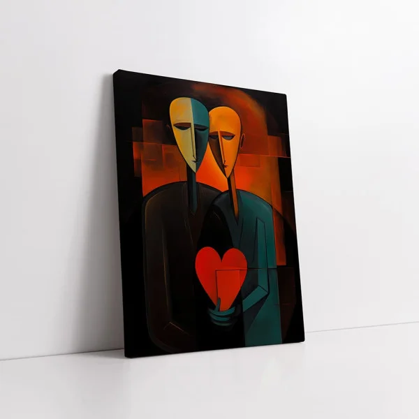 Tablou Abstract Premium O Singură Inimă – Artă Canvas Modernă Cubistă cu Două Siluete și Inimă Roșie pentru Dormitor sau Living