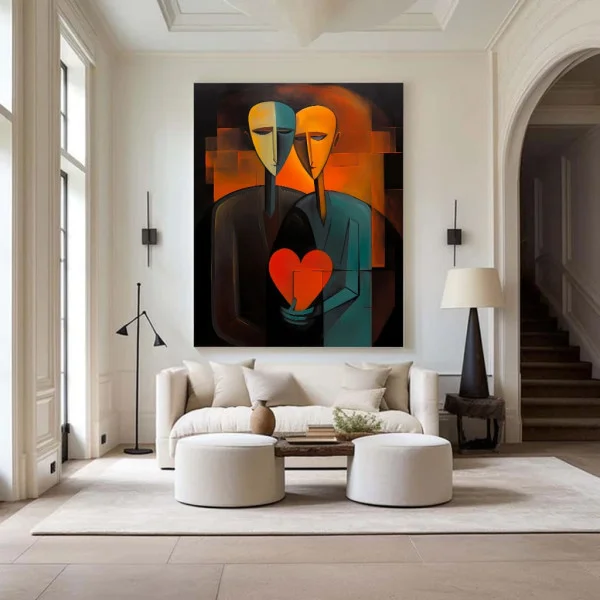 Tablou Abstract Premium O Singură Inimă – Artă Canvas Modernă Cubistă cu Două Siluete și Inimă Roșie pentru Dormitor sau Living