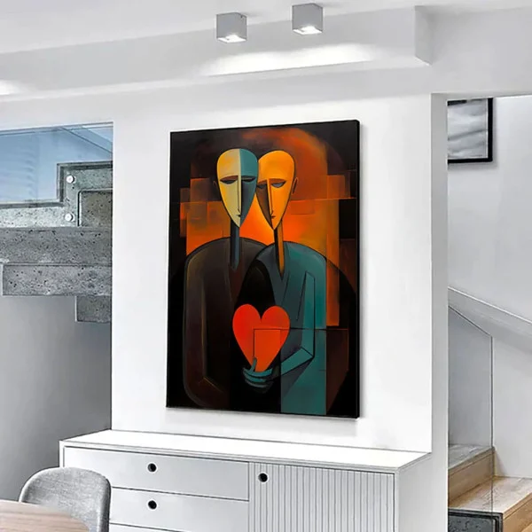 Tablou Abstract Premium O Singură Inimă – Artă Canvas Modernă Cubistă cu Două Siluete și Inimă Roșie pentru Dormitor sau Living