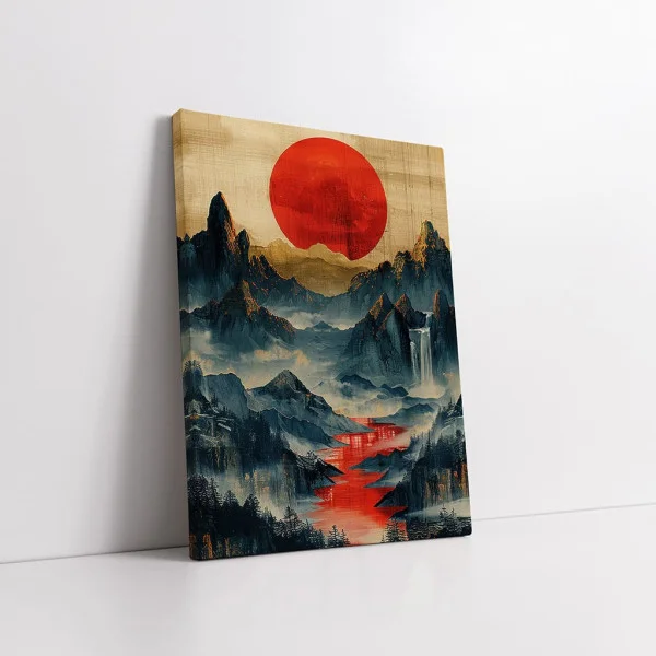 Tablou Abstract Premium Poarta Amurgului – Artă Canvas Modernă cu Peisaj Montan, Râu Roșu și Cascadă în Stil Asiatic, pentru Living