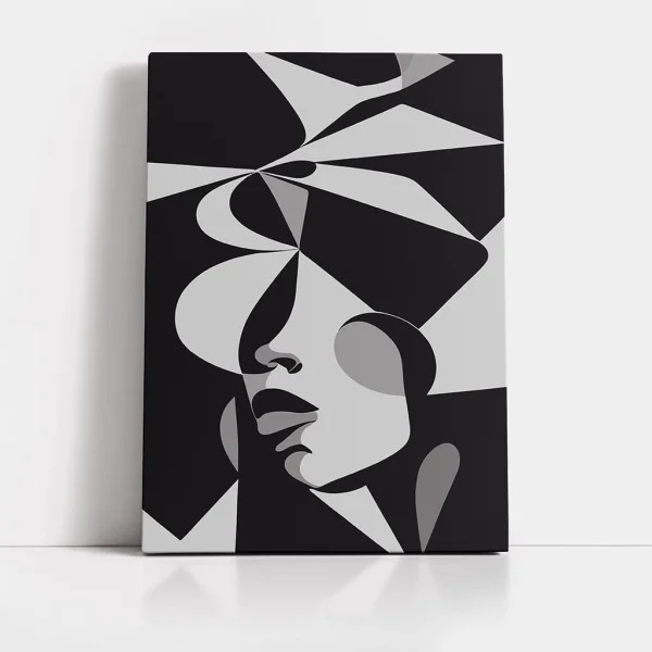 Tablou Abstract Premium Muză Tăcută – Artă Canvas Modernă Cubistă cu Portret Feminin Alb Negru pentru Dormitor, Birou sau Hol