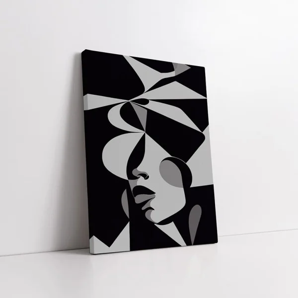Tablou Abstract Premium Muză Tăcută – Artă Canvas Modernă Cubistă cu Portret Feminin Alb Negru pentru Dormitor, Birou sau Hol