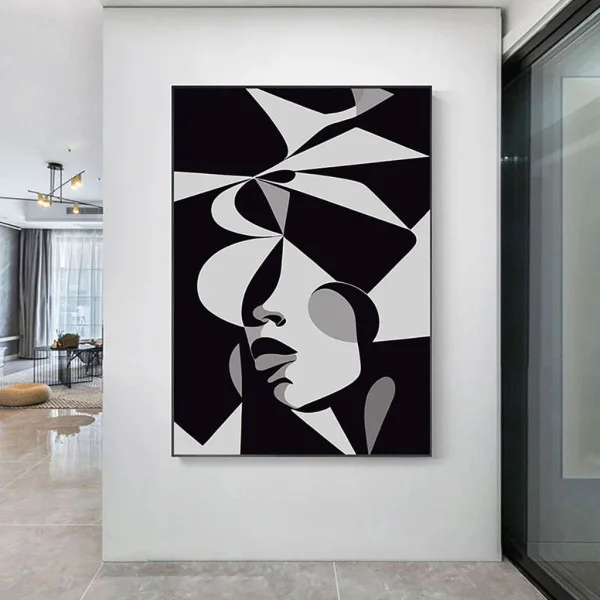 Tablou Abstract Premium Muză Tăcută – Artă Canvas Modernă Cubistă cu Portret Feminin Alb Negru pentru Dormitor, Birou sau Hol