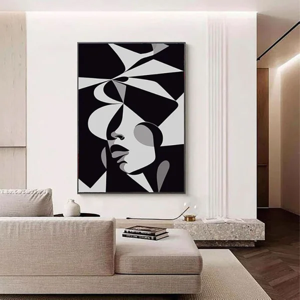 Tablou Abstract Premium Muză Tăcută – Artă Canvas Modernă Cubistă cu Portret Feminin Alb Negru pentru Dormitor, Birou sau Hol