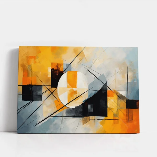 Tablou Abstract Premium Răsărit de Lună – Artă Canvas Modernă cu Elemente Geometrice și Accente Ocru pentru Decoruri de Elită