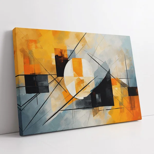 Tablou Abstract Premium Răsărit de Lună – Artă Canvas Modernă cu Elemente Geometrice și Accente Ocru pentru Decoruri de Elită