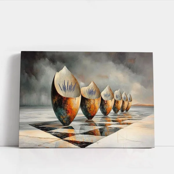 Tablou Abstract Premium Raze Sfioase – Artă Canvas Modernă cu Cupe Metalice Patinate și Lavandă pentru Living de Lux