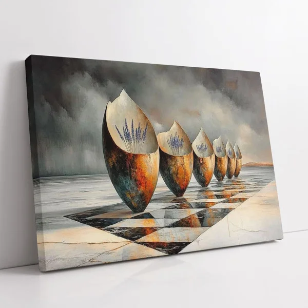 Tablou Abstract Premium Raze Sfioase – Artă Canvas Modernă cu Cupe Metalice Patinate și Lavandă pentru Living de Lux