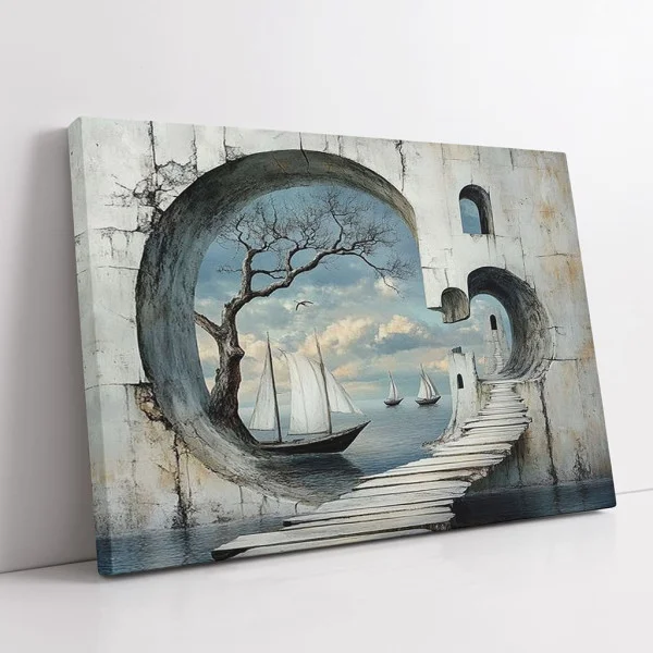 Tablou Abstract Premium Râu de Lumină – Artă Canvas Modernă cu Peisaj Suprarealist și Corăbii pentru Living de Lux