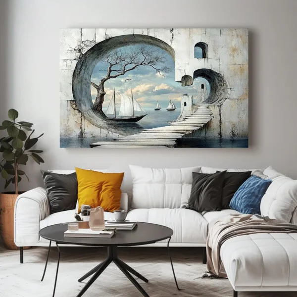 Tablou Abstract Premium Râu de Lumină – Artă Canvas Modernă cu Peisaj Suprarealist și Corăbii pentru Living de Lux