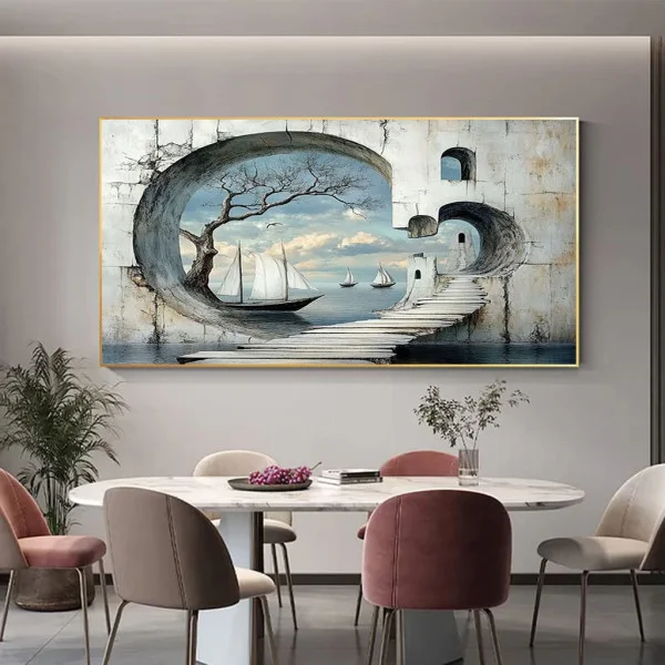 Tablou Abstract Premium Râu de Lumină – Artă Canvas Modernă cu Peisaj Suprarealist și Corăbii pentru Living de Lux