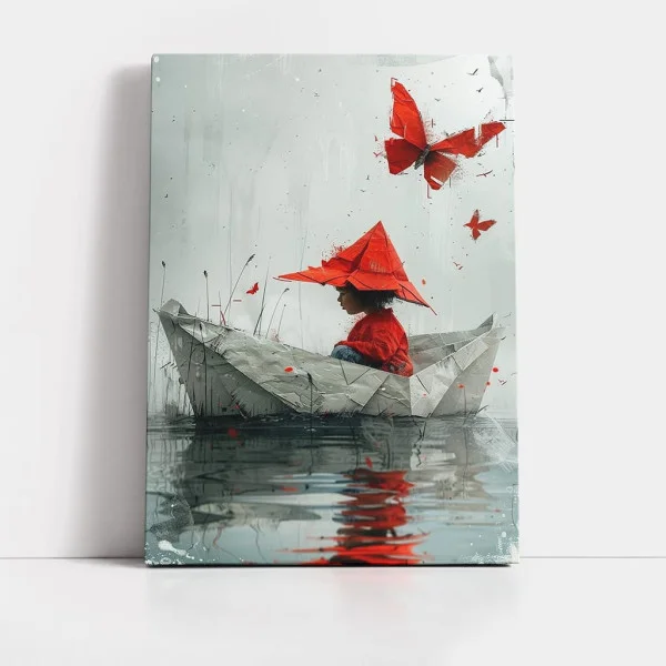 Tablou Abstract Premium O Lume Minunată – Artă Canvas Modernă cu Copil în Barcă de Hârtie și Fluture Roșu pentru Camera Copilului sau Living