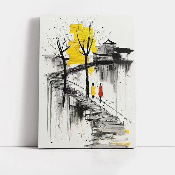 Tablou Abstract Premium „Pași Tăcuți” – Artă Canvas Modernă cu Siluete pe Trepte și Pagodă Japoneză pentru Hol sau Birou
