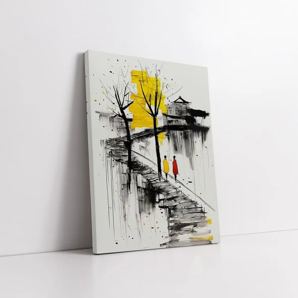 Tablou Abstract Premium „Pași Tăcuți” – Artă Canvas Modernă cu Siluete pe Trepte și Pagodă Japoneză pentru Hol sau Birou