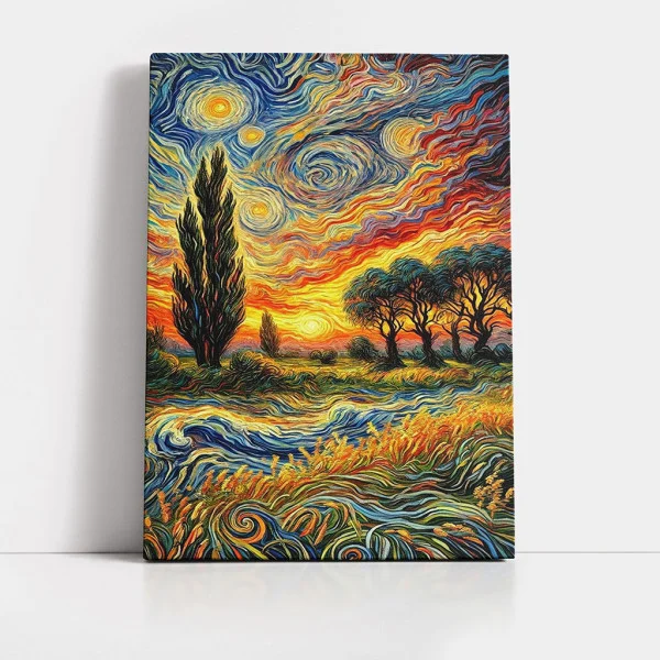 Tablou Abstract Premium Arta Naturii – Artă Canvas Modernă Post-Impresionistă cu Apus de Soare și Chiparos pentru Living, Birou sau Hol