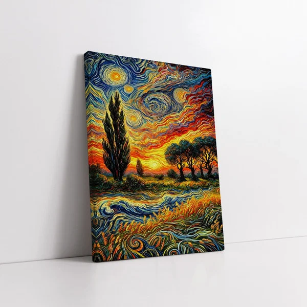 Tablou Abstract Premium Arta Naturii – Artă Canvas Modernă Post-Impresionistă cu Apus de Soare și Chiparos pentru Living, Birou sau Hol
