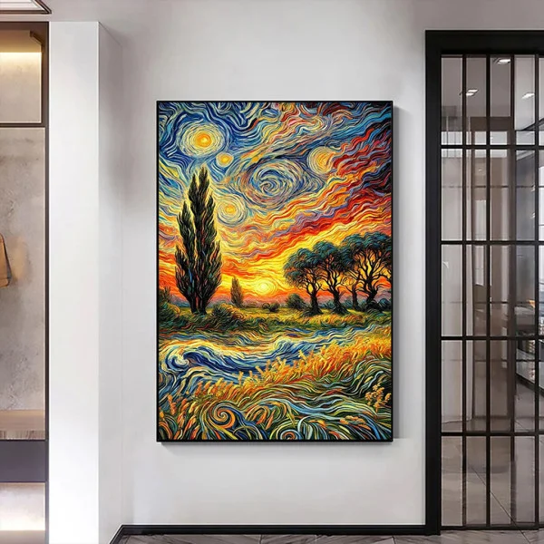 Tablou Abstract Premium Arta Naturii – Artă Canvas Modernă Post-Impresionistă cu Apus de Soare și Chiparos pentru Living, Birou sau Hol