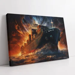 Tablou Naval Premium Splendoare de Foc și Apă – Artă Canvas Modernă cu Vapor Comercial și Apus Dramatic pentru Living, Birou sau Hol
