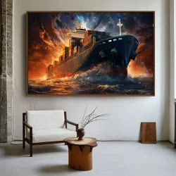 Tablou Naval Premium Splendoare de Foc și Apă – Artă Canvas Modernă cu Vapor Comercial și Apus Dramatic pentru Living, Birou sau Hol