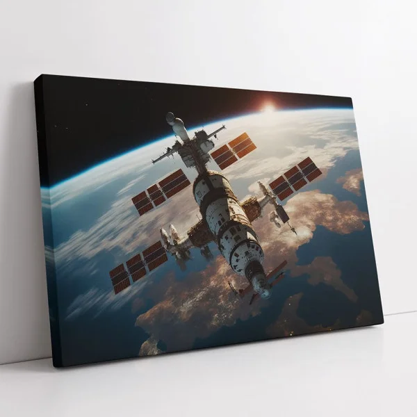 Tablou Cosmic Premium Momente Suspendate – Artă Canvas Modernă cu Stație Spațială pe Orbita Pământului pentru Birou, Living sau Hol