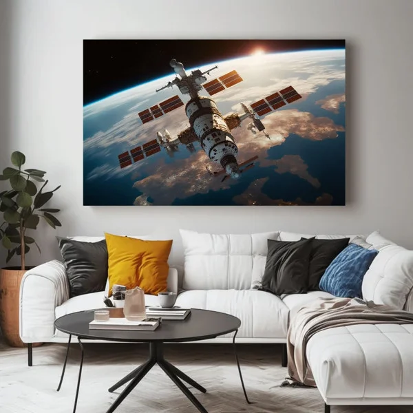 Tablou Cosmic Premium Momente Suspendate – Artă Canvas Modernă cu Stație Spațială pe Orbita Pământului pentru Birou, Living sau Hol
