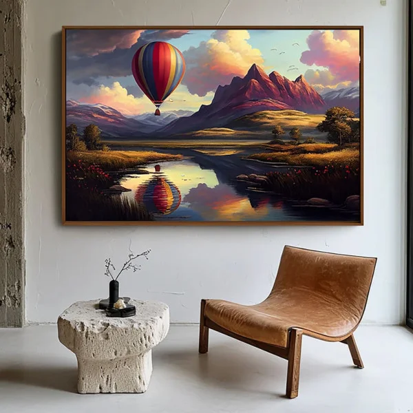 Tablou Balon Zbor în Culori – Artă Canvas Modernă cu Balon cu Aer Cald și Peisaj Montan pentru Living, Dormitor sau Hol