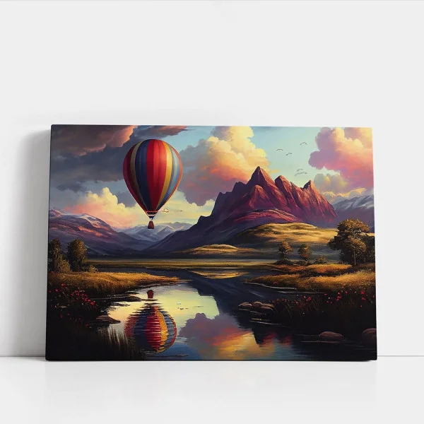 Tablou Balon Zbor în Culori – Artă Canvas Modernă cu Balon cu Aer Cald și Peisaj Montan pentru Living, Dormitor sau Hol