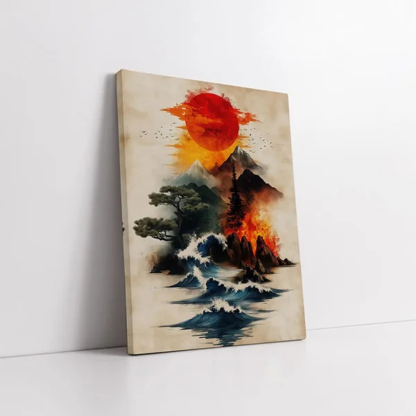 Tablou Ukiyo-e Explozii de Culoare – Canvas Premium Valuri și Soare
