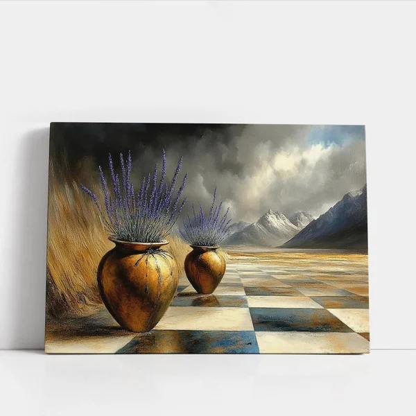 Tablou Abstract Fuziunea Spațiului – Canvas Premium Lavandă și Șah